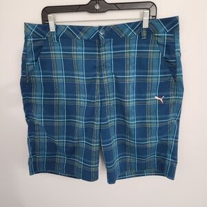 PUMA Golf Shorts Blue Plaid Performance Stretch Flat Mens Size 36